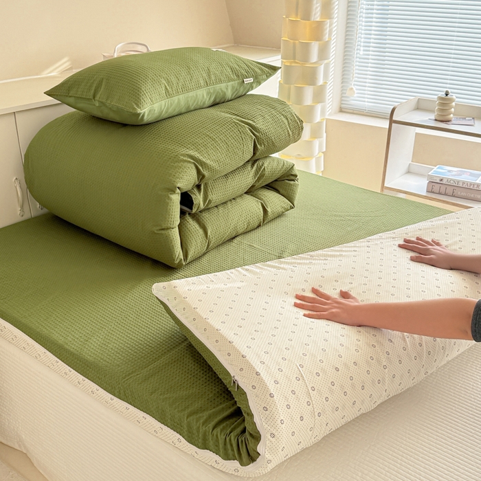 91家纺网 家纺一手货源 找家纺 眠博士 2025新款全棉纯棉华夫格床垫套四件套 华夫格床垫套 套件 松石绿
