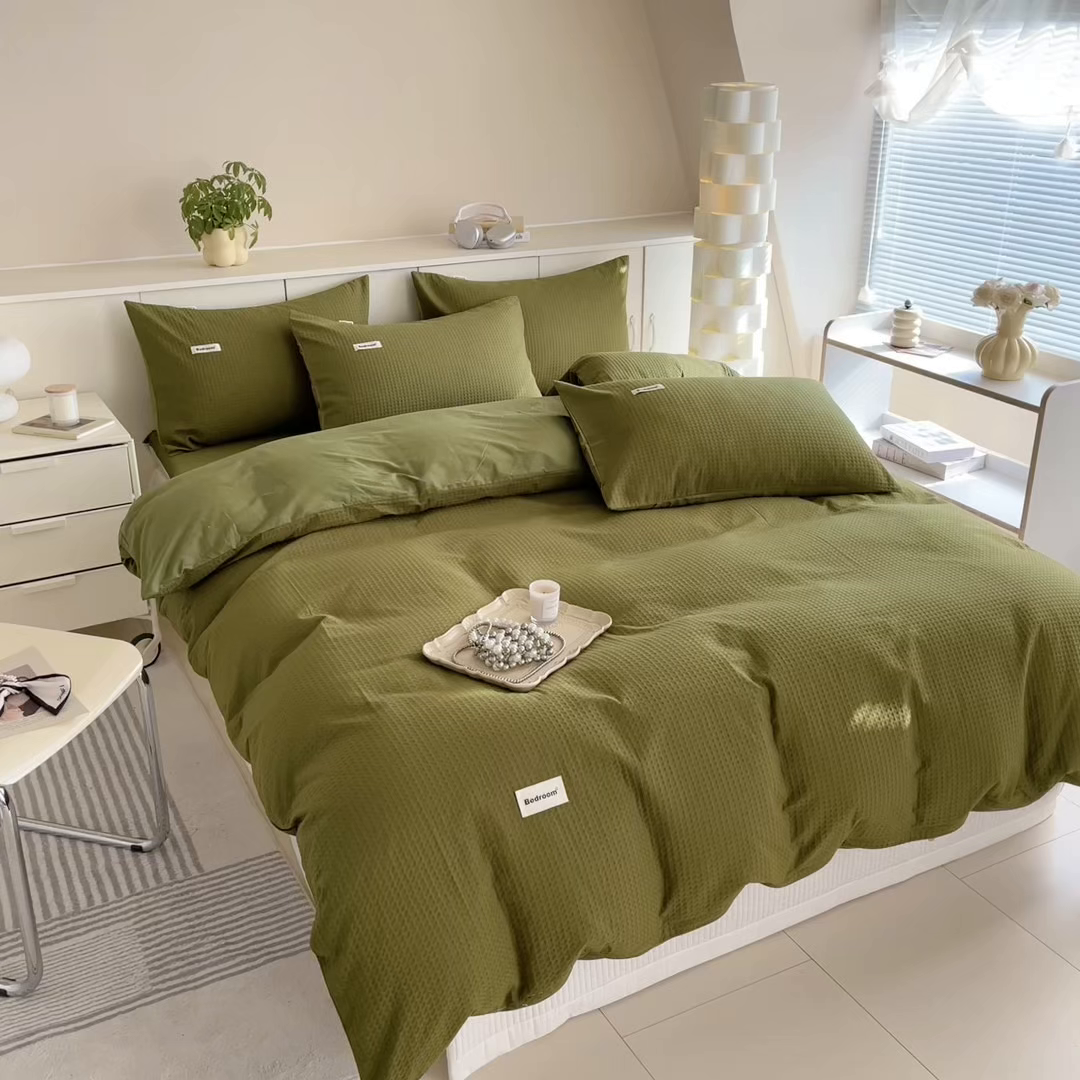 91家纺网 家纺一手货源 找家纺 眠博士 2025新款全棉纯棉华夫格床垫套四件套 华夫格床垫套 套件 松石绿