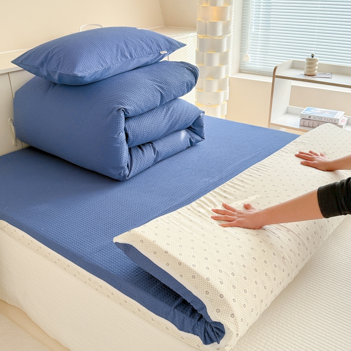 眠博士 2025新款全棉纯棉华夫格床垫套四件套 华夫格床垫套 套件 天蓝