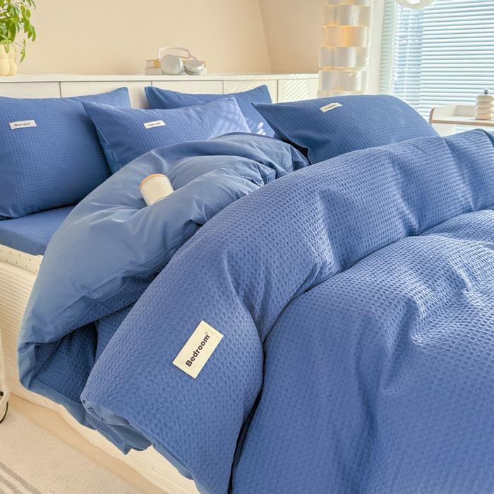 91家纺网 家纺一手货源 找家纺 眠博士 2025新款全棉纯棉华夫格床垫套四件套 华夫格床垫套 套件 天蓝