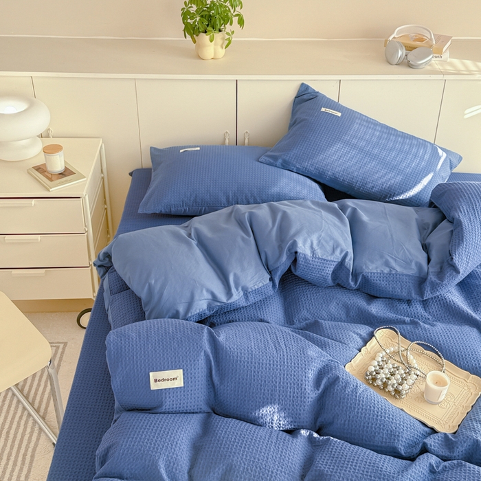 91家纺网 家纺一手货源 找家纺 眠博士 2025新款全棉纯棉华夫格床垫套四件套 华夫格床垫套 套件 天蓝