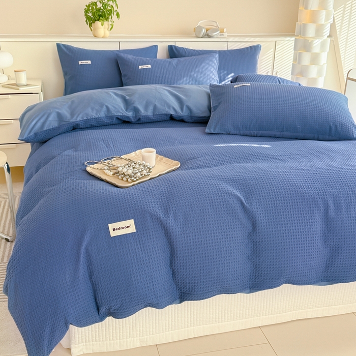 91家纺网 家纺一手货源 找家纺 眠博士 2025新款全棉纯棉华夫格床垫套四件套 华夫格床垫套 套件 天蓝