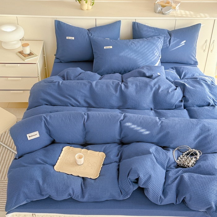 91家纺网 家纺一手货源 找家纺 眠博士 2025新款全棉纯棉华夫格床垫套四件套 华夫格床垫套 套件 天蓝