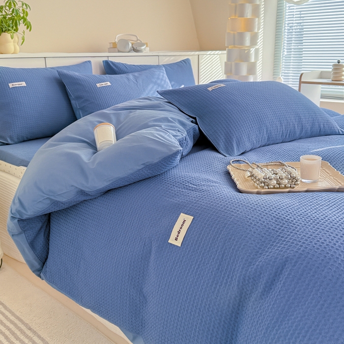 91家纺网 家纺一手货源 找家纺 眠博士 2025新款全棉纯棉华夫格床垫套四件套 华夫格床垫套 套件 天蓝