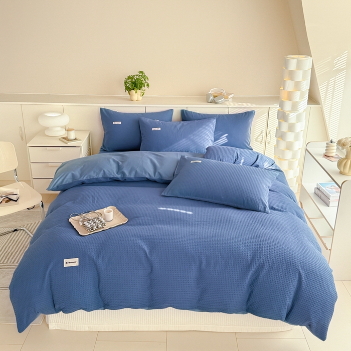 91家纺网 家纺一手货源 找家纺 眠博士 2025新款全棉纯棉华夫格床垫套四件套 华夫格床垫套 套件 天蓝