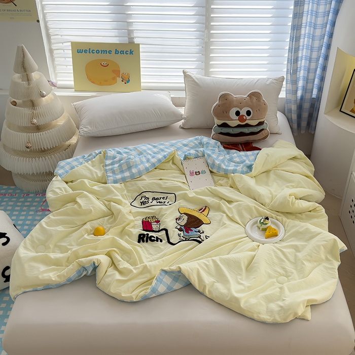 91家纺网 家纺一手货源 找家纺 曼谷家纺 2025新款水洗棉超软毛巾绣夏被直播热款 布拉拉-芝士兰格