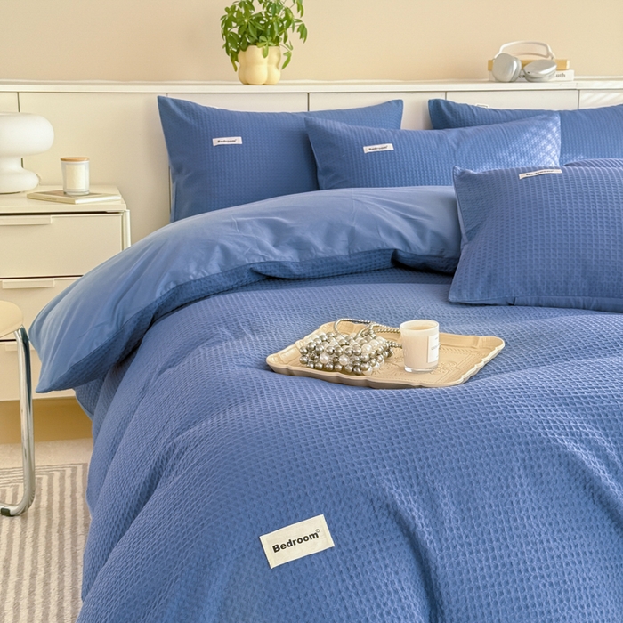 91家纺网 家纺一手货源 找家纺 眠博士 2025新款全棉纯棉华夫格床垫套四件套 华夫格床垫套 套件 天蓝