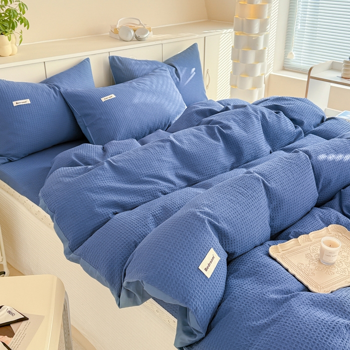 91家纺网 家纺一手货源 找家纺 眠博士 2025新款全棉纯棉华夫格床垫套四件套 华夫格床垫套 套件 天蓝