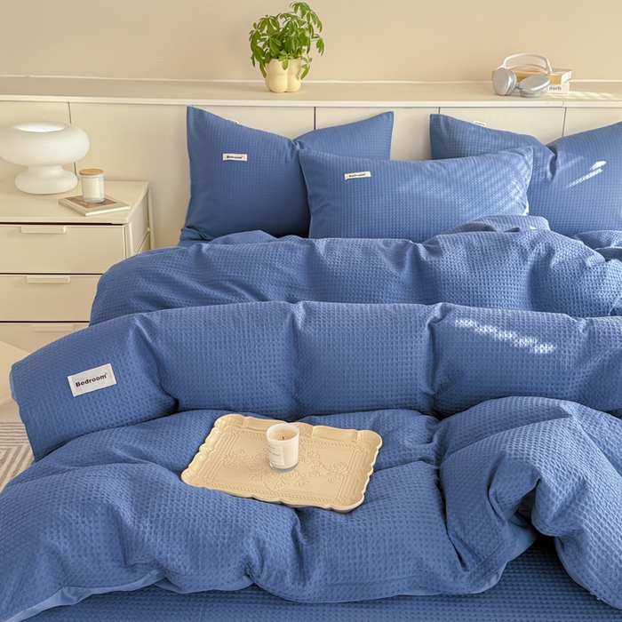 91家纺网 家纺一手货源 找家纺 眠博士 2025新款全棉纯棉华夫格床垫套四件套 华夫格床垫套 套件 天蓝