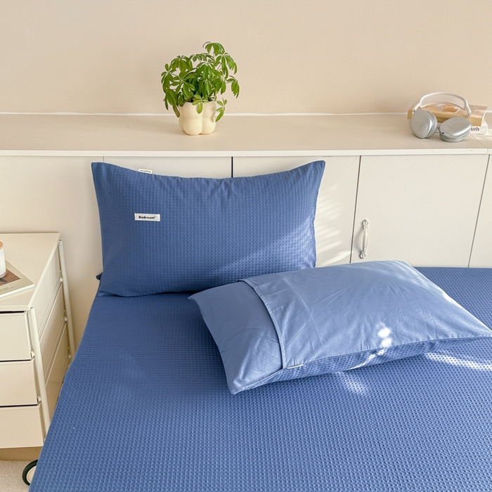 91家纺网 家纺一手货源 找家纺 眠博士 2025新款全棉纯棉华夫格床垫套四件套 华夫格床垫套 套件 天蓝