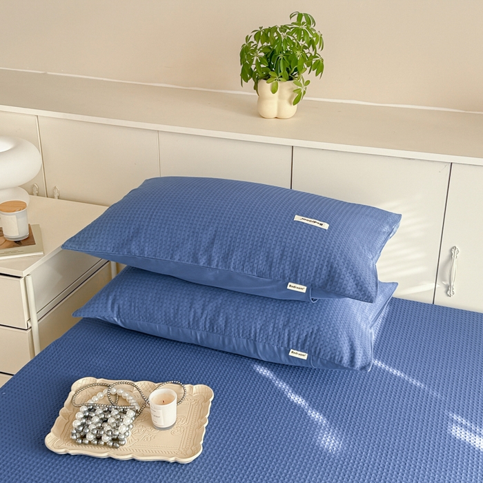 91家纺网 家纺一手货源 找家纺 眠博士 2025新款全棉纯棉华夫格床垫套四件套 华夫格床垫套 套件 天蓝