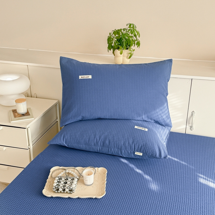 91家纺网 家纺一手货源 找家纺 眠博士 2025新款全棉纯棉华夫格床垫套四件套 华夫格床垫套 套件 天蓝