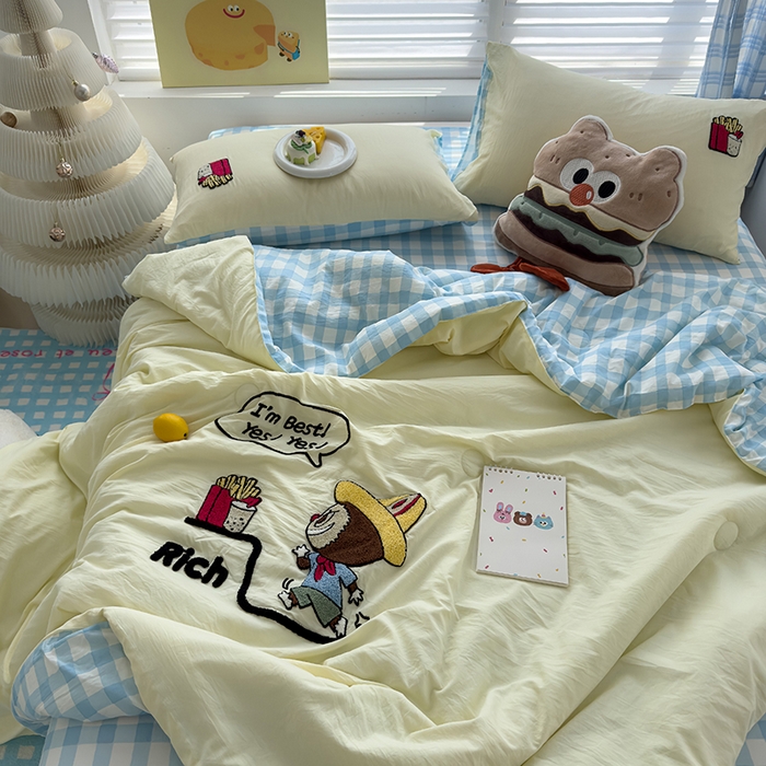 91家纺网 家纺一手货源 找家纺 曼谷家纺 2025新款水洗棉超软毛巾绣夏被直播热款 布拉拉-芝士兰格