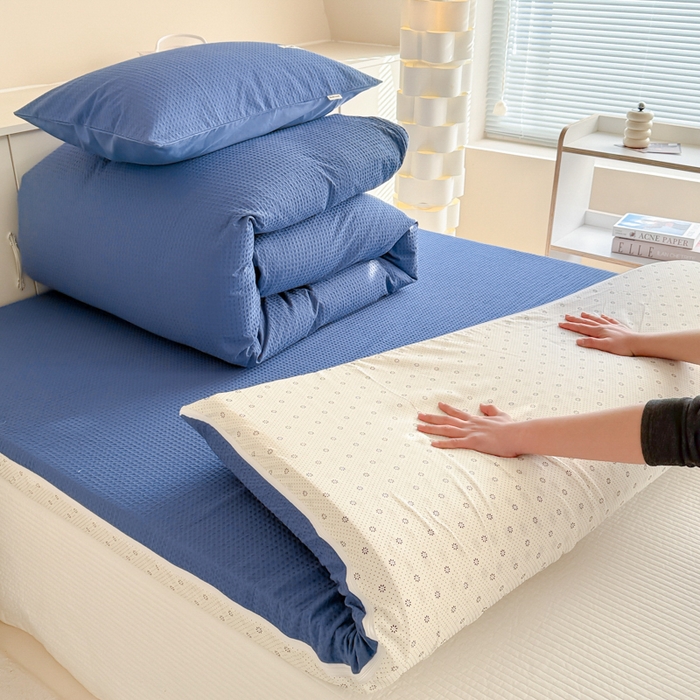 91家纺网 家纺一手货源 找家纺 眠博士 2025新款全棉纯棉华夫格床垫套四件套 华夫格床垫套 套件 天蓝