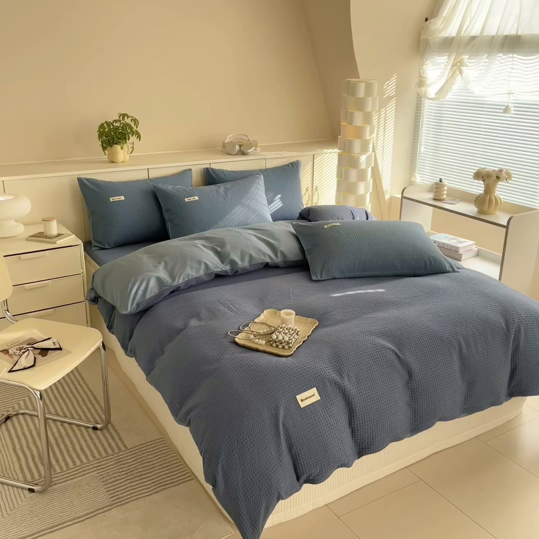 91家纺网 家纺一手货源 找家纺 眠博士 2025新款全棉纯棉华夫格床垫套四件套 华夫格床垫套 套件 天蓝