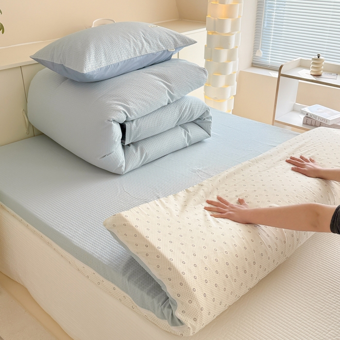 眠博士 2025新款全棉纯棉华夫格床垫套四件套 华夫格床垫套 套件 雾蓝色