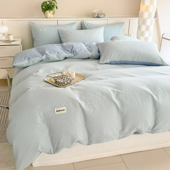 91家纺网 家纺一手货源 找家纺 眠博士 2025新款全棉纯棉华夫格床垫套四件套 华夫格床垫套 套件 雾蓝色