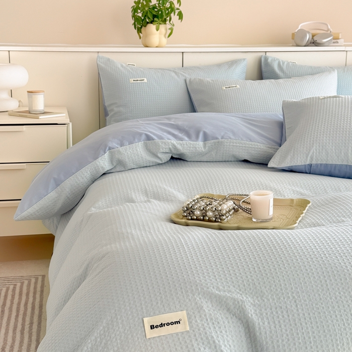 91家纺网 家纺一手货源 找家纺 眠博士 2025新款全棉纯棉华夫格床垫套四件套 华夫格床垫套 套件 雾蓝色
