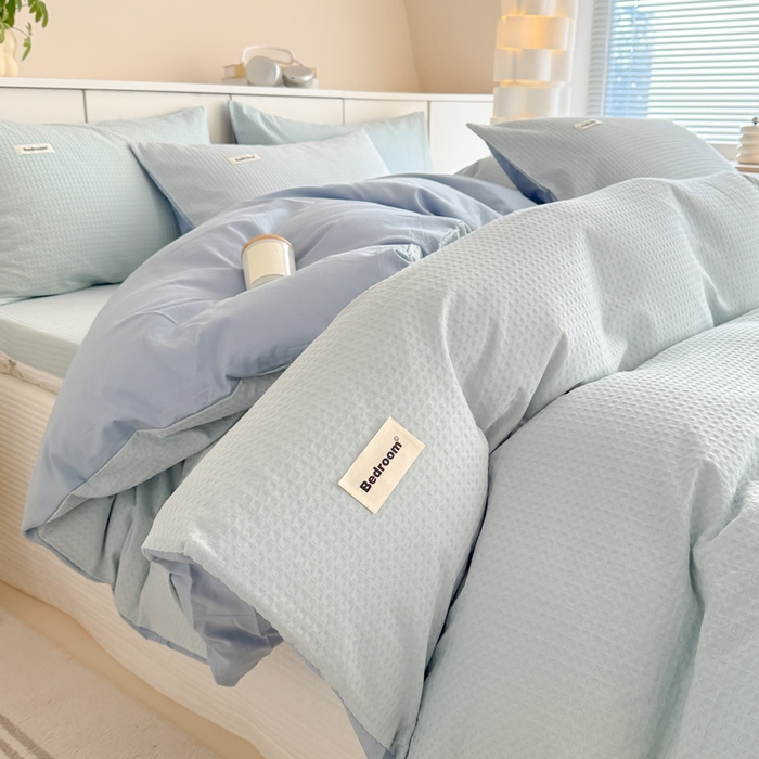 91家纺网 家纺一手货源 找家纺 眠博士 2025新款全棉纯棉华夫格床垫套四件套 华夫格床垫套 套件 雾蓝色