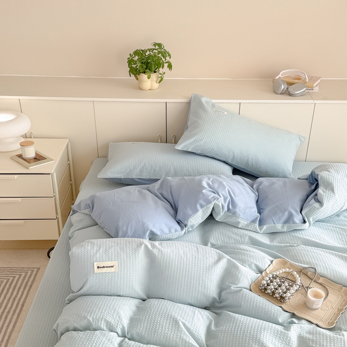 91家纺网 家纺一手货源 找家纺 眠博士 2025新款全棉纯棉华夫格床垫套四件套 华夫格床垫套 套件 雾蓝色