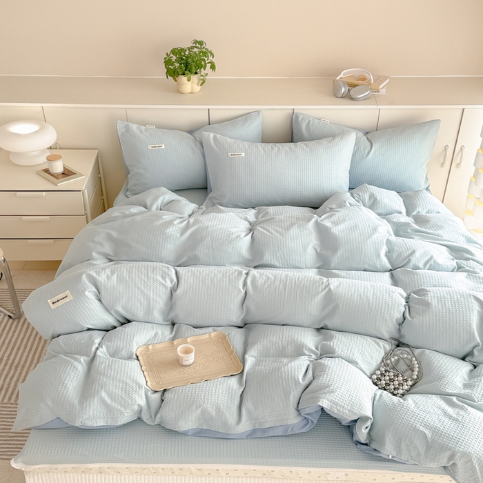 91家纺网 家纺一手货源 找家纺 眠博士 2025新款全棉纯棉华夫格床垫套四件套 华夫格床垫套 套件 雾蓝色