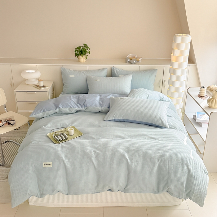 91家纺网 家纺一手货源 找家纺 眠博士 2025新款全棉纯棉华夫格床垫套四件套 华夫格床垫套 套件 雾蓝色