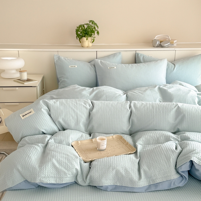 91家纺网 家纺一手货源 找家纺 眠博士 2025新款全棉纯棉华夫格床垫套四件套 华夫格床垫套 套件 雾蓝色