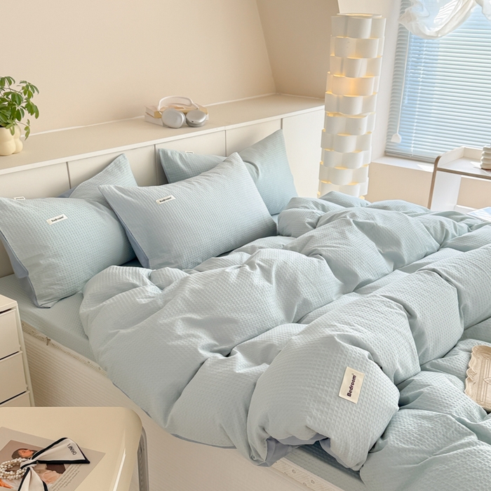 91家纺网 家纺一手货源 找家纺 眠博士 2025新款全棉纯棉华夫格床垫套四件套 华夫格床垫套 套件 雾蓝色