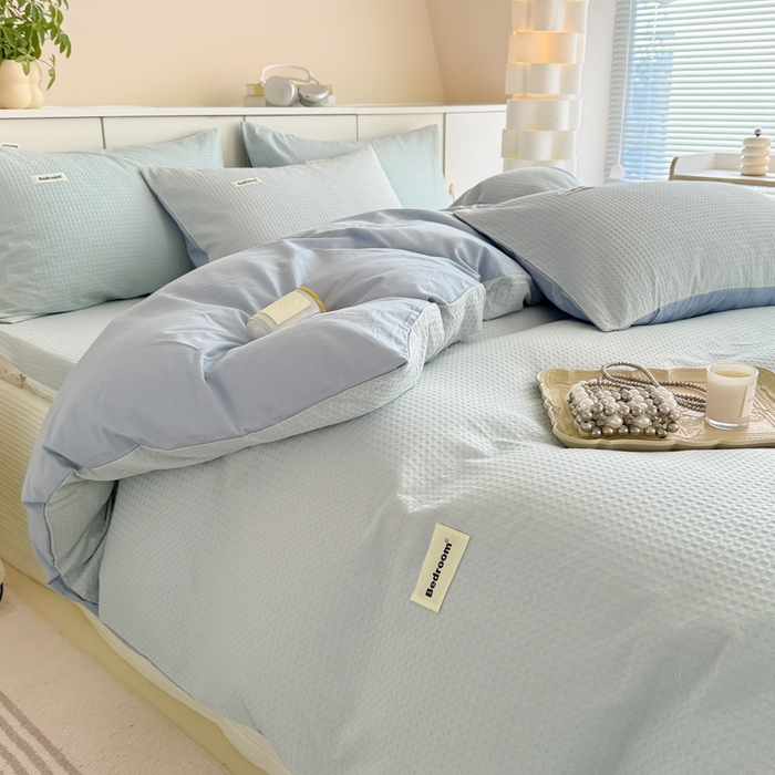 91家纺网 家纺一手货源 找家纺 眠博士 2025新款全棉纯棉华夫格床垫套四件套 华夫格床垫套 套件 雾蓝色