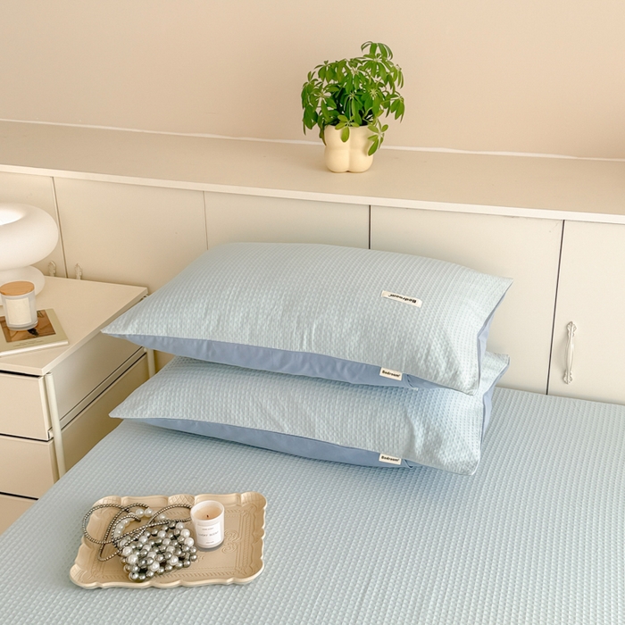 91家纺网 家纺一手货源 找家纺 眠博士 2025新款全棉纯棉华夫格床垫套四件套 华夫格床垫套 套件 雾蓝色