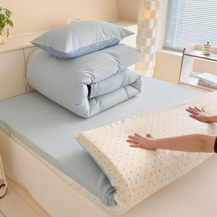 91家纺网 家纺一手货源 找家纺 眠博士 2025新款全棉纯棉华夫格床垫套四件套 华夫格床垫套 套件 雾蓝色