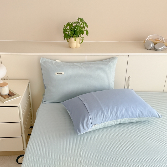 91家纺网 家纺一手货源 找家纺 眠博士 2025新款全棉纯棉华夫格床垫套四件套 华夫格床垫套 套件 雾蓝色