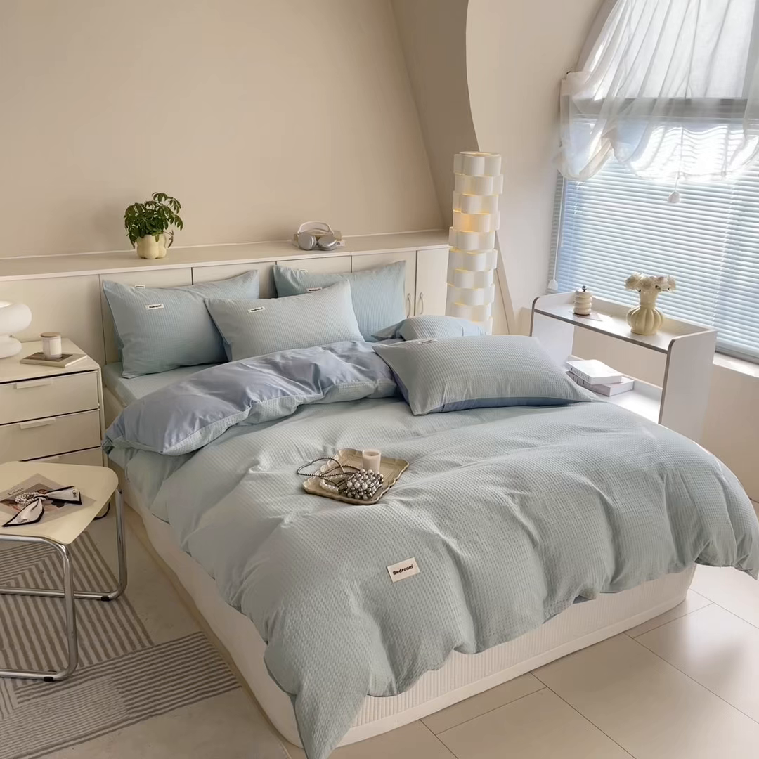 91家纺网 家纺一手货源 找家纺 眠博士 2025新款全棉纯棉华夫格床垫套四件套 华夫格床垫套 套件 雾蓝色