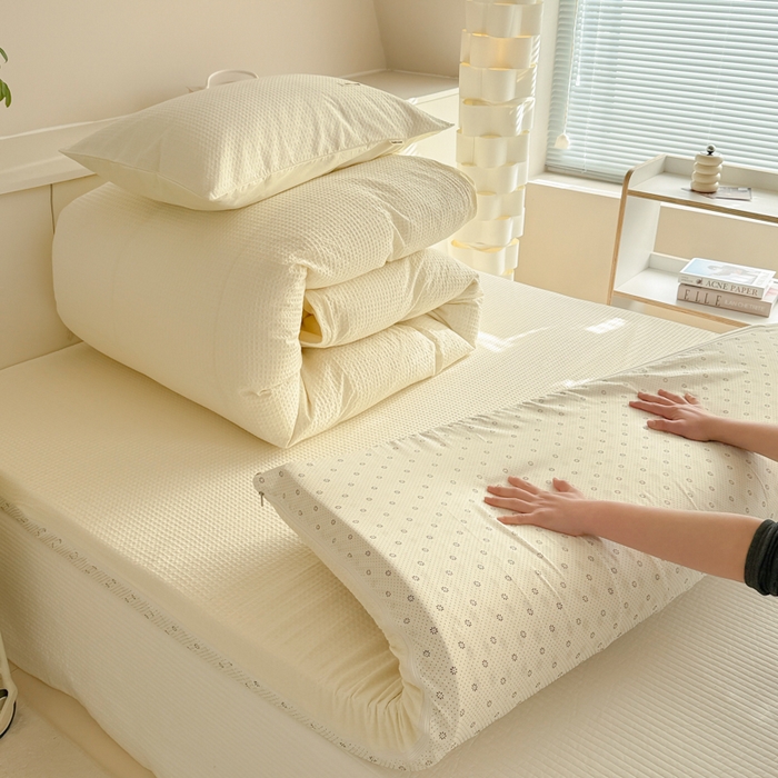 91家纺网 家纺一手货源 找家纺 眠博士 2025新款全棉纯棉华夫格床垫套四件套 华夫格床垫套 套件 珍珠白