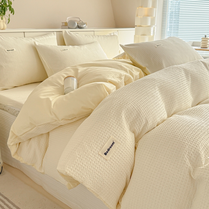 91家纺网 家纺一手货源 找家纺 眠博士 2025新款全棉纯棉华夫格床垫套四件套 华夫格床垫套 套件 珍珠白
