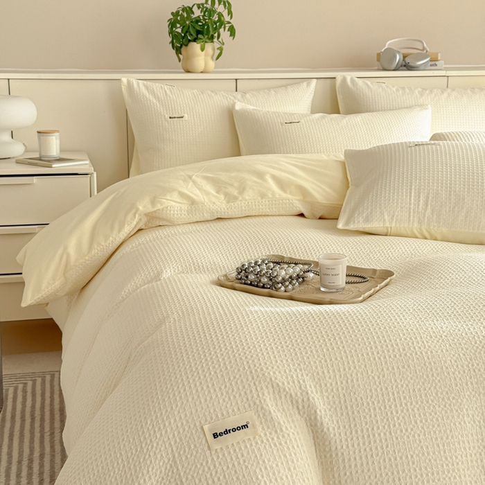 91家纺网 家纺一手货源 找家纺 眠博士 2025新款全棉纯棉华夫格床垫套四件套 华夫格床垫套 套件 珍珠白