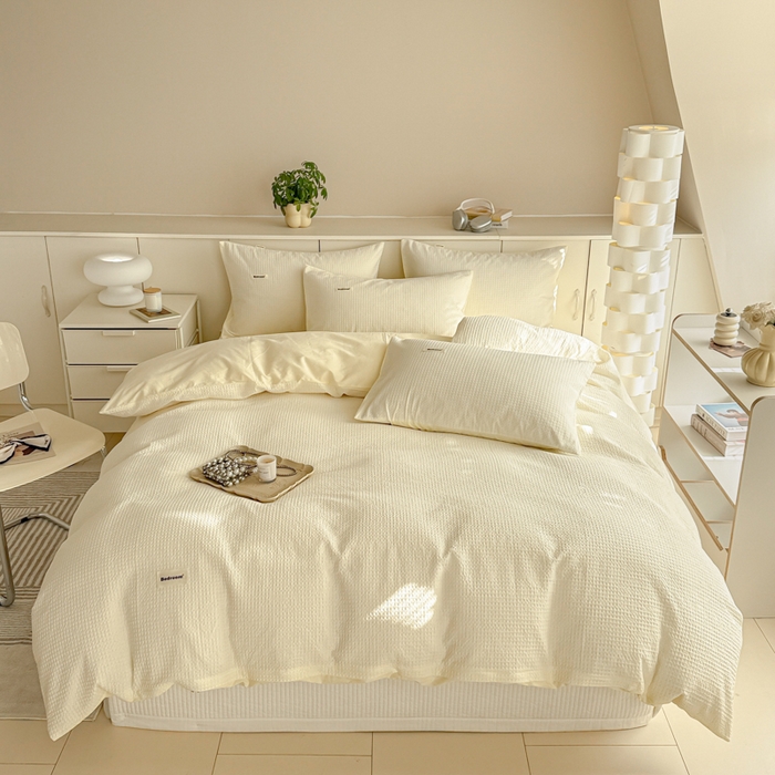 91家纺网 家纺一手货源 找家纺 眠博士 2025新款全棉纯棉华夫格床垫套四件套 华夫格床垫套 套件 珍珠白