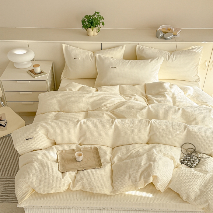 91家纺网 家纺一手货源 找家纺 眠博士 2025新款全棉纯棉华夫格床垫套四件套 华夫格床垫套 套件 珍珠白