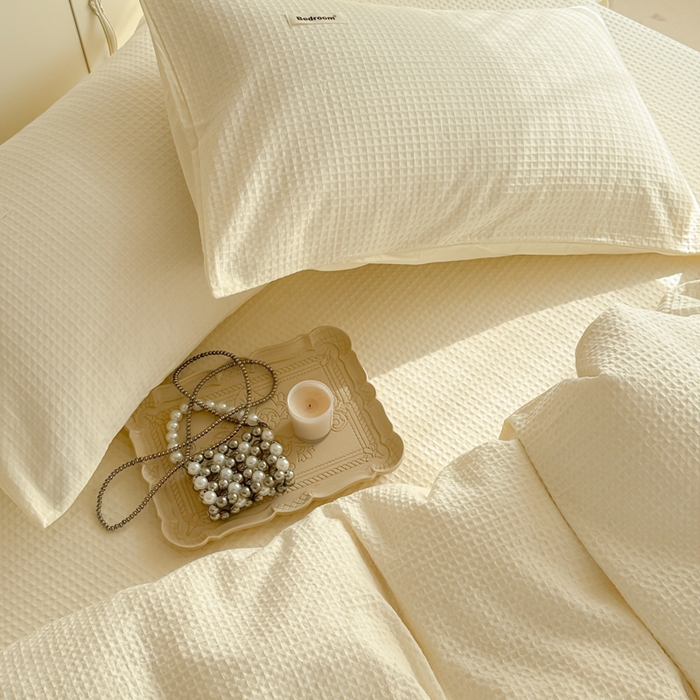 91家纺网 家纺一手货源 找家纺 眠博士 2025新款全棉纯棉华夫格床垫套四件套 华夫格床垫套 套件 珍珠白