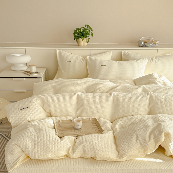 91家纺网 家纺一手货源 找家纺 眠博士 2025新款全棉纯棉华夫格床垫套四件套 华夫格床垫套 套件 珍珠白