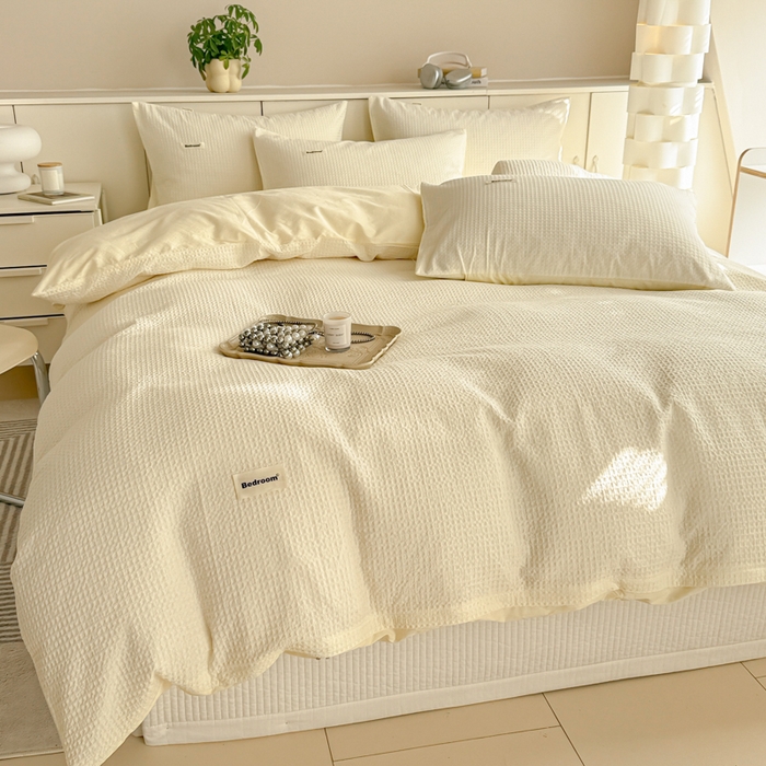 91家纺网 家纺一手货源 找家纺 眠博士 2025新款全棉纯棉华夫格床垫套四件套 华夫格床垫套 套件 珍珠白