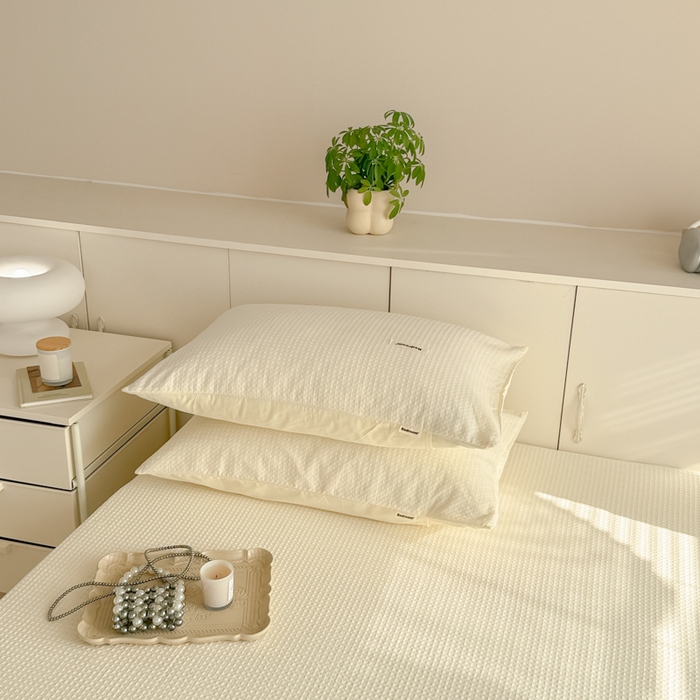 91家纺网 家纺一手货源 找家纺 眠博士 2025新款全棉纯棉华夫格床垫套四件套 华夫格床垫套 套件 珍珠白