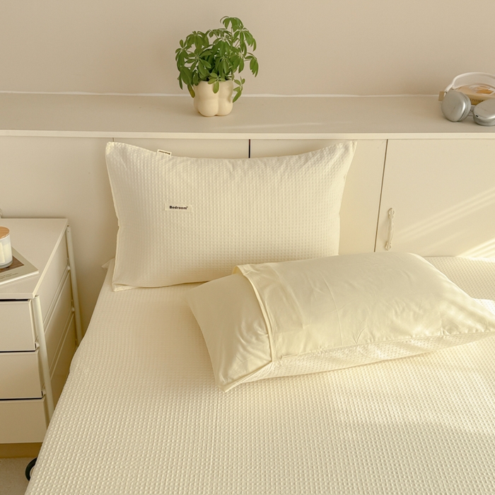 91家纺网 家纺一手货源 找家纺 眠博士 2025新款全棉纯棉华夫格床垫套四件套 华夫格床垫套 套件 珍珠白