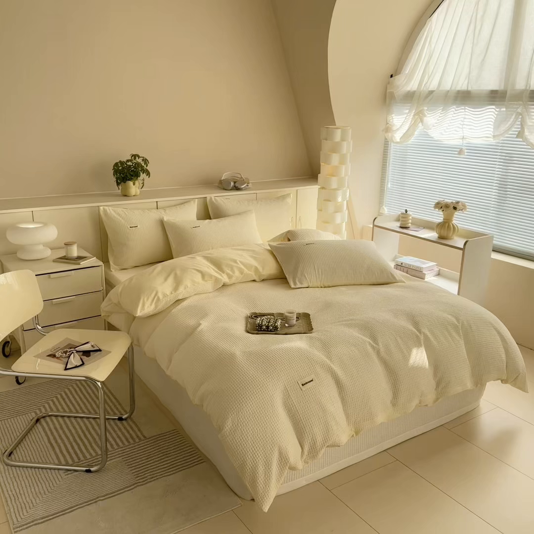 91家纺网 家纺一手货源 找家纺 眠博士 2025新款全棉纯棉华夫格床垫套四件套 华夫格床垫套 套件 珍珠白