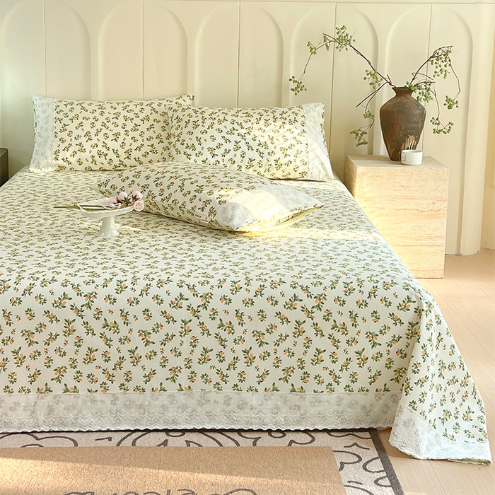 91家纺网 家纺一手货源 找家纺 春皖家纺 2025春夏新款老粗布花边款凉席席子单床单 床单单件 花边-翠林音