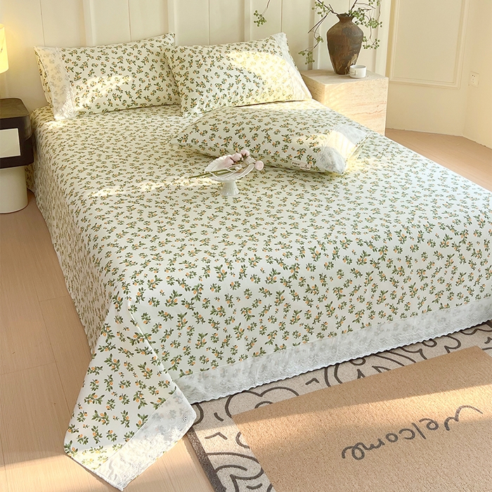 91家纺网 家纺一手货源 找家纺 春皖家纺 2025春夏新款老粗布花边款凉席席子单床单 床单单件 花边-翠林音