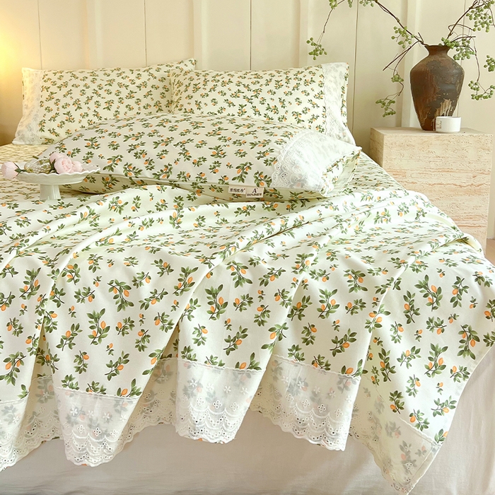 91家纺网 家纺一手货源 找家纺 春皖家纺 2025春夏新款老粗布花边款凉席席子单床单 床单单件 花边-翠林音