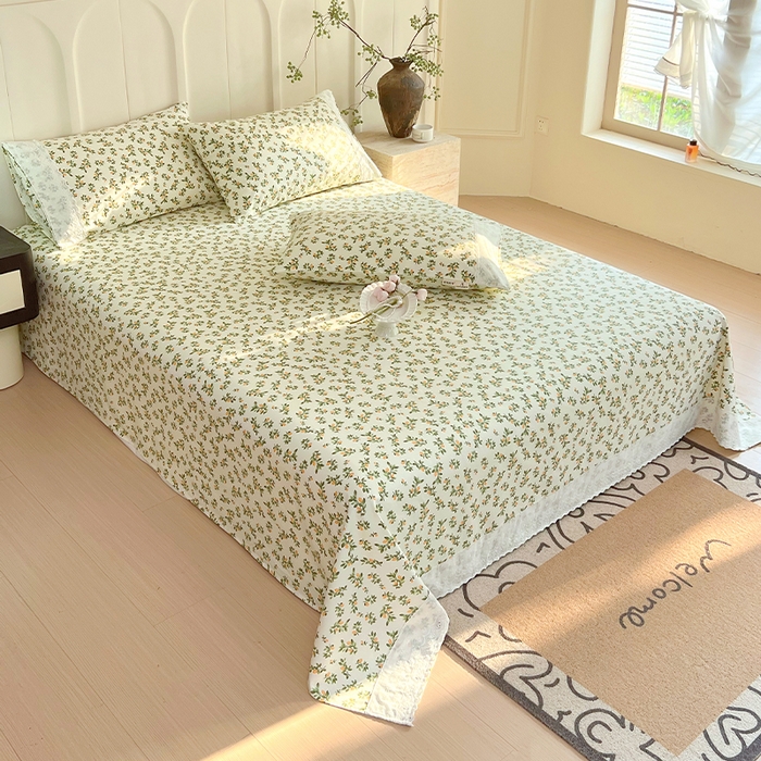 91家纺网 家纺一手货源 找家纺 春皖家纺 2025春夏新款老粗布花边款凉席席子单床单 床单单件 花边-翠林音