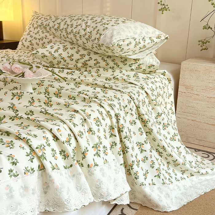 91家纺网 家纺一手货源 找家纺 春皖家纺 2025春夏新款老粗布花边款凉席席子单床单 床单单件 花边-翠林音