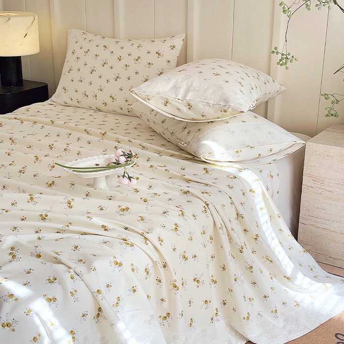 91家纺网 家纺一手货源 找家纺 春皖家纺 2025春夏新款老粗布花边款凉席席子单床单 床单单件 花边-倩影米